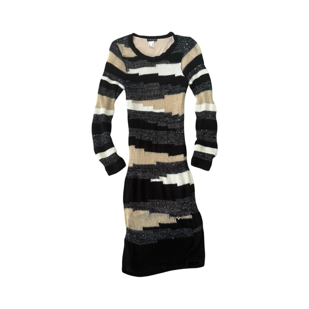 VENUS Black and Cream Striped Maxi Dress